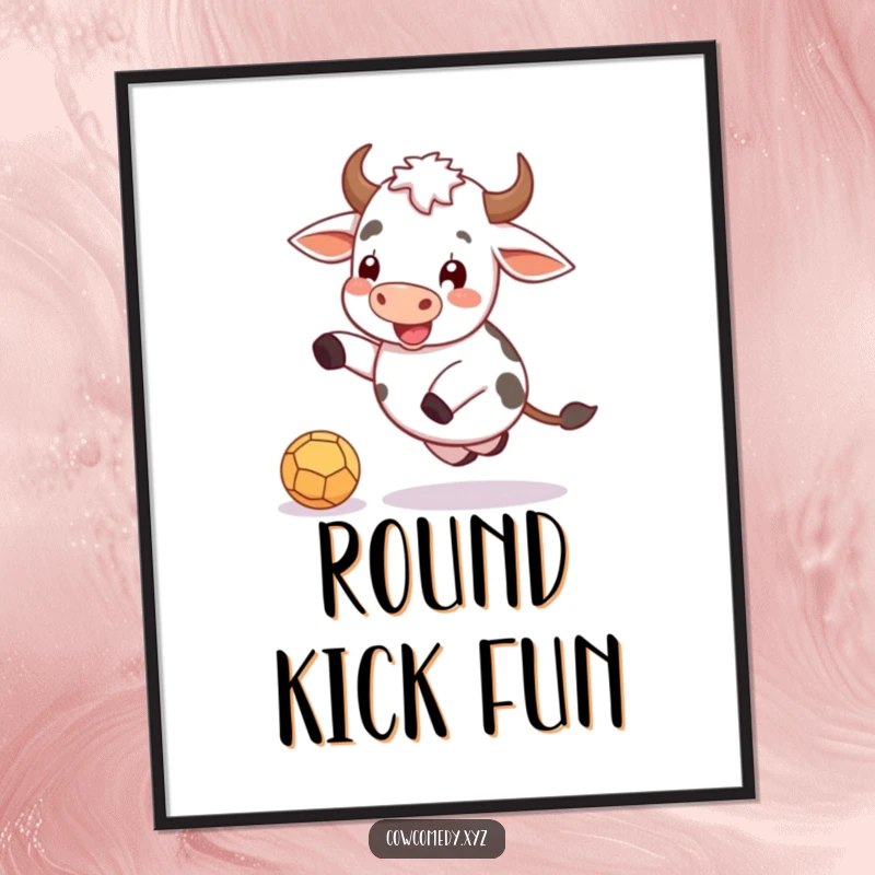 Funny digital art print of a cheerful cow joyfully kicking a small, round ball, perfect for lively decor.