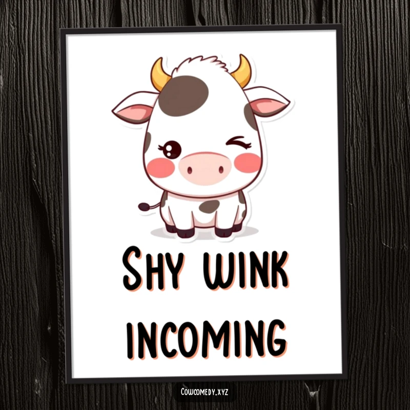 Funny digital art print of a blushing kawaii cow character giving a playful and shy wink, radiating sweet, mischievous energy.