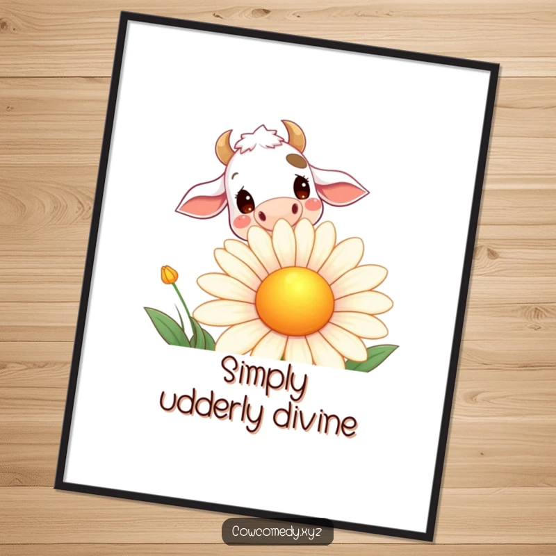 Funny digital art print of a curious cow peeking over a large smiling daisy, offering instant whimsical wall decor.