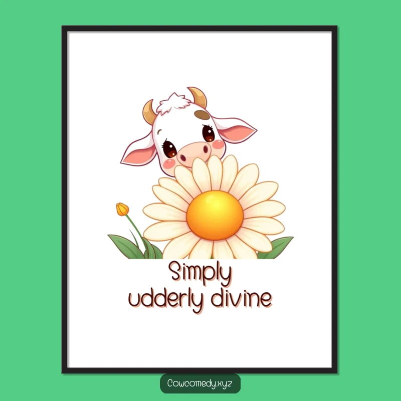 Funny Daisy Cow Digital Art: Curious Cow Peeking Smiling Flower, Instant Whimsical Decor