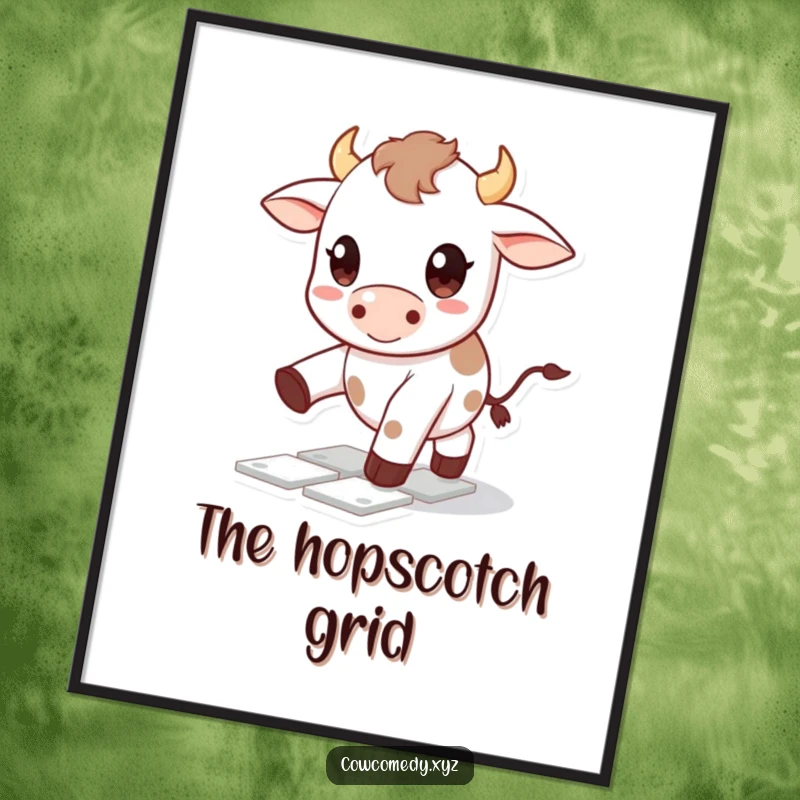 Funny Kawaii cow digital art print showing a cute character with big happy eyes playing hopscotch, perfect for instant humorous decoration.