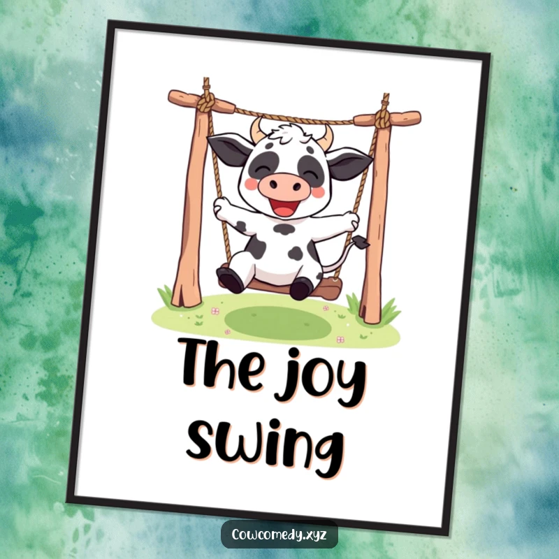 Funny Kawaii cow digital art print showing a cute character swinging high on a rope swing, perfect for instant humorous decoration.