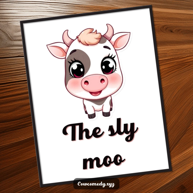Funny digital art print of a smiling cow with big, captivating eyes and a playful wink, adding farm charm.