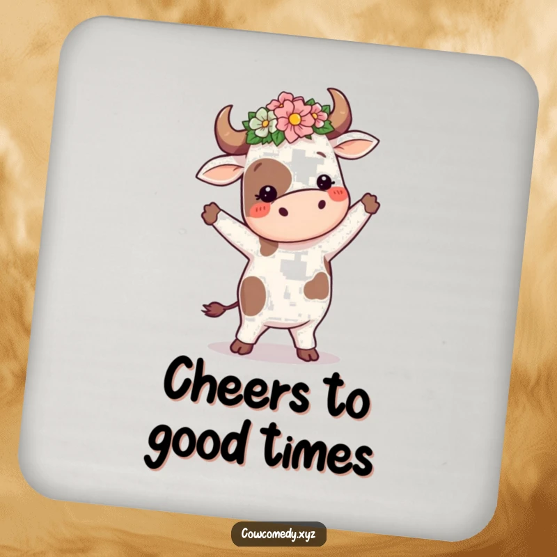 Funny cow with a flower crown, doing a silly dance, on drink coasters, for protecting surfaces with humor.