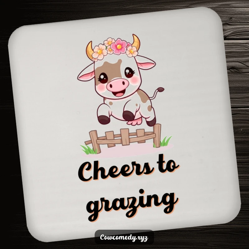 Funny coaster set with a happy kawaii cow wearing a flower crown, mid-leap over a fence, offering humorous protection.