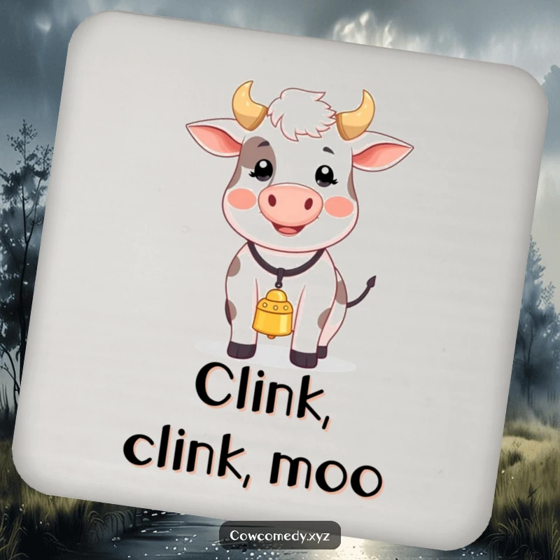 Funny drink coaster displaying a happy cow with a bell, mid-song, adding a splash of farmyard humor to any table.