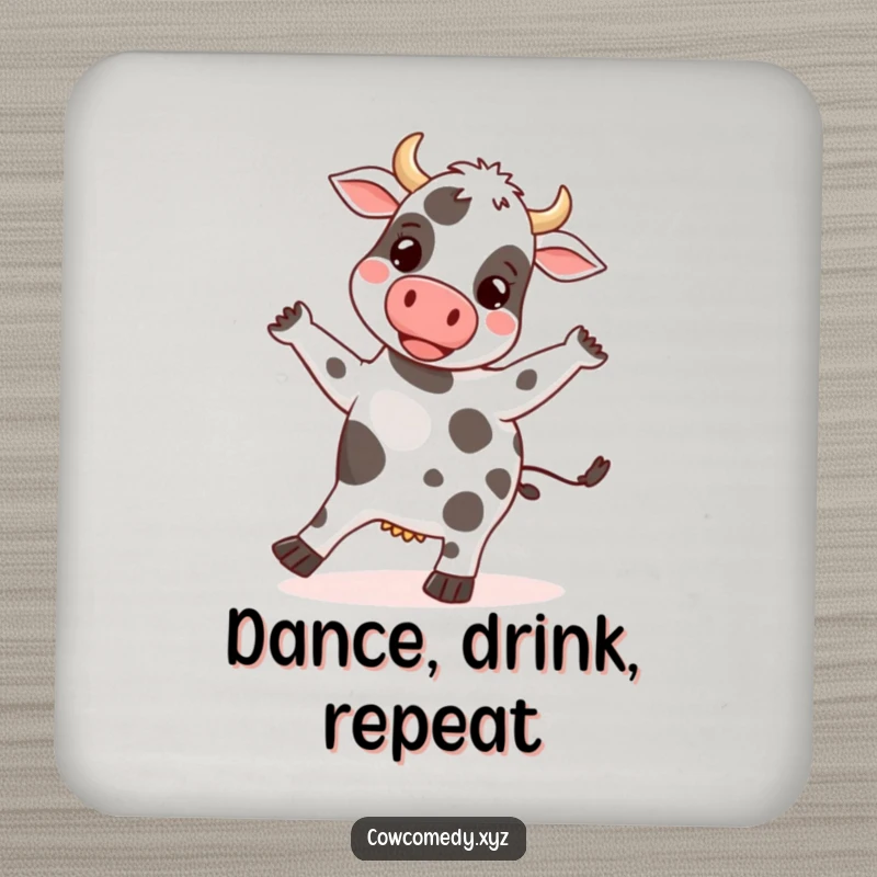 Funny coaster featuring a happy cow doing a silly dance, its spots bouncing rhythmically, perfect for protecting surfaces.