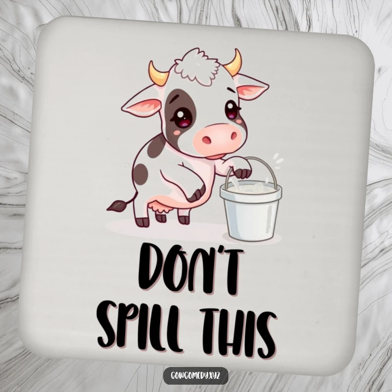 Funny coaster depicting a cow comically failing to balance a milk bucket, perfect for protecting furniture with humor.