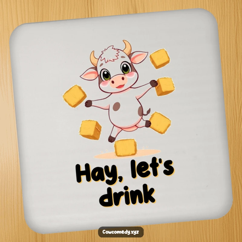Funny coaster featuring a playful calf balancing on three legs, juggling hay bales, perfect for protecting surfaces.