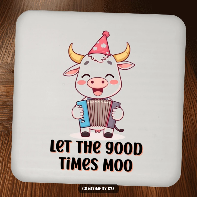 Funny coaster featuring a happy cow in a party hat, joyfully playing a tiny accordion, perfect for protecting surfaces.