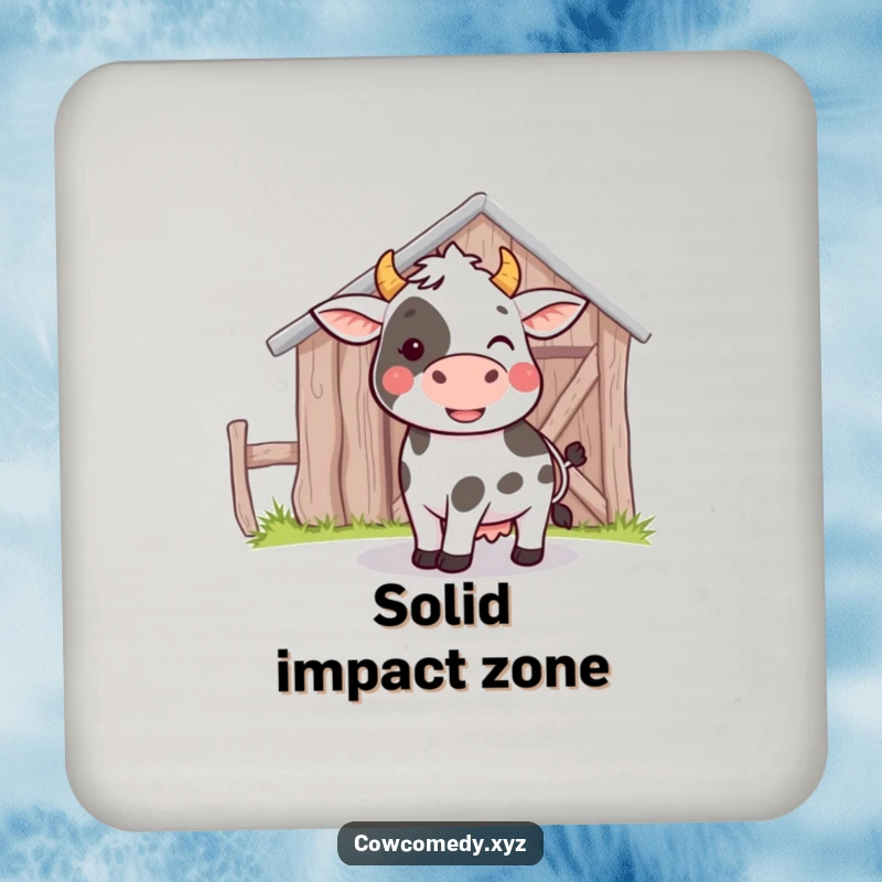 Funny coaster depicting a cow playfully bumping its head against a barn, perfect for protecting furniture with charm.