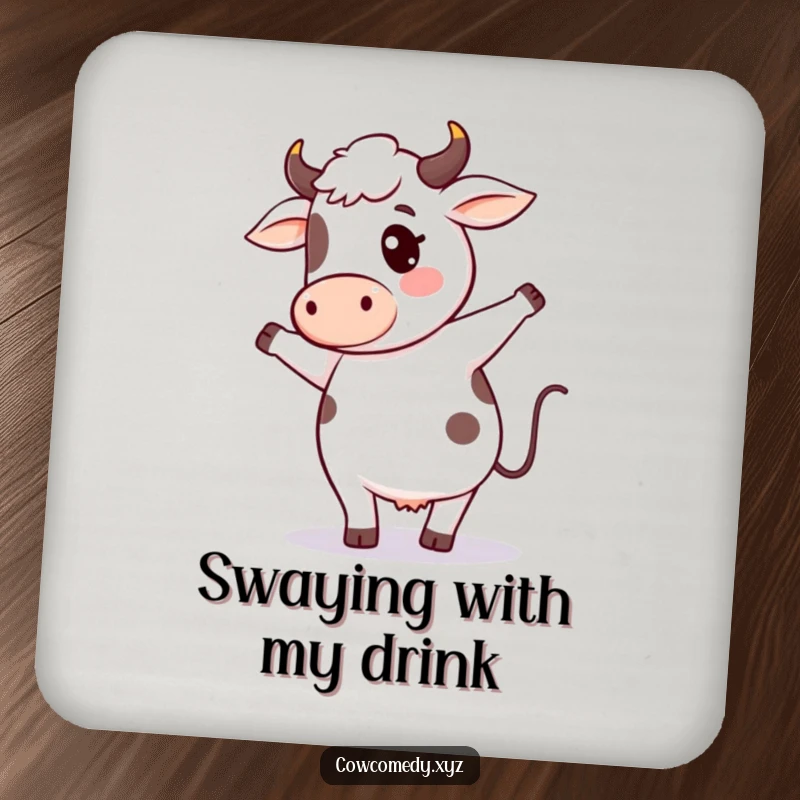 Funny cow dance coasters featuring a kawaii cow character engaged in a silly dance, protecting surfaces with a touch of humor.