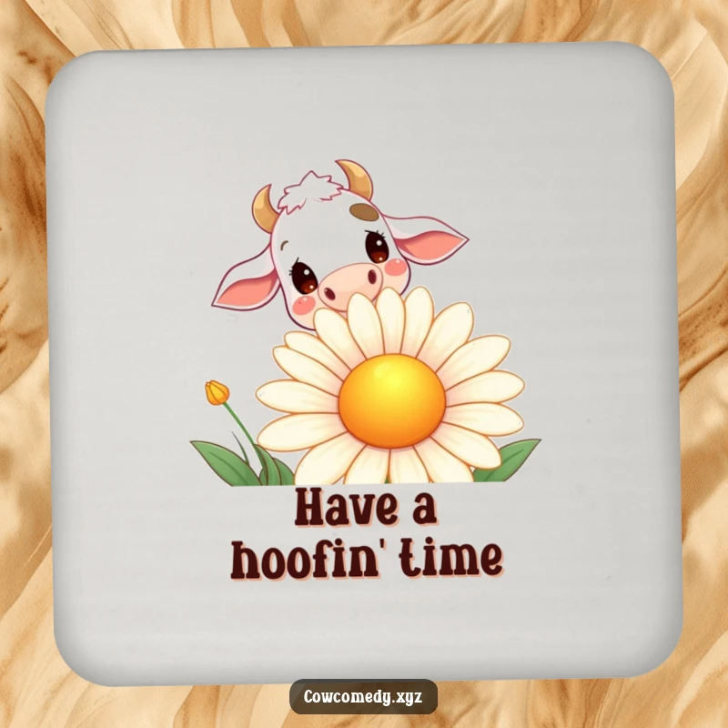 Funny drink coaster featuring a curious cow peeking over a giant smiling daisy, adding a humorous touch to tabletops.