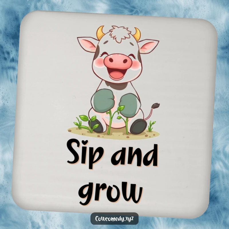 Funny drink coaster featuring a giggling cow in gardening gloves tending a tiny sprout, adding garden humor to tabletops.