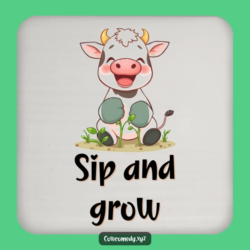 Funny Gardening Cow Drink Coaster: Giggling Bovine Tending Sprout, Protect Surfaces with Charm