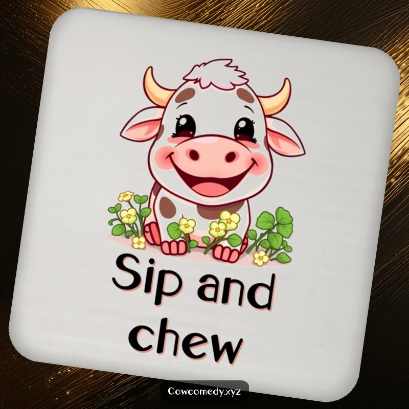 Funny coaster depicting a cow with a wide, happy grin eating clover, perfect for protecting furniture with cheer.