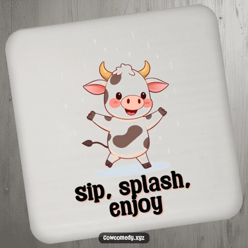 Funny drink coaster depicting a happy cow character dancing in the rain with a broad smile, offering joyful protection for surfaces.