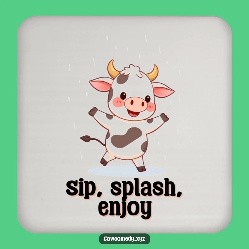 Funny Happy Cow Dancing Rain Drink Coaster. Joyful Protection. Unique Funny Gift Set!