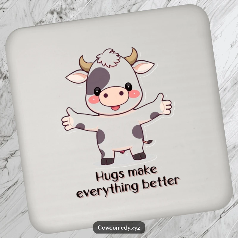 Funny drink coaster featuring a lovable cow character offering a warm hug, protecting your surfaces with adorable charm.
