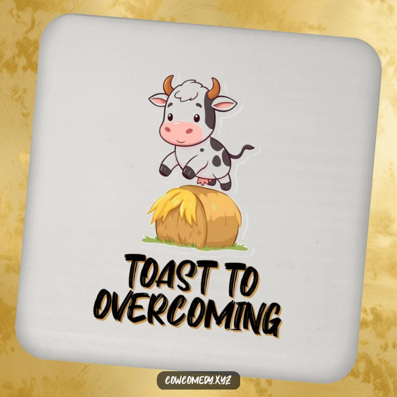 Funny drink coaster featuring a cow jumping over a hay bale, adding a dynamic and fun element.