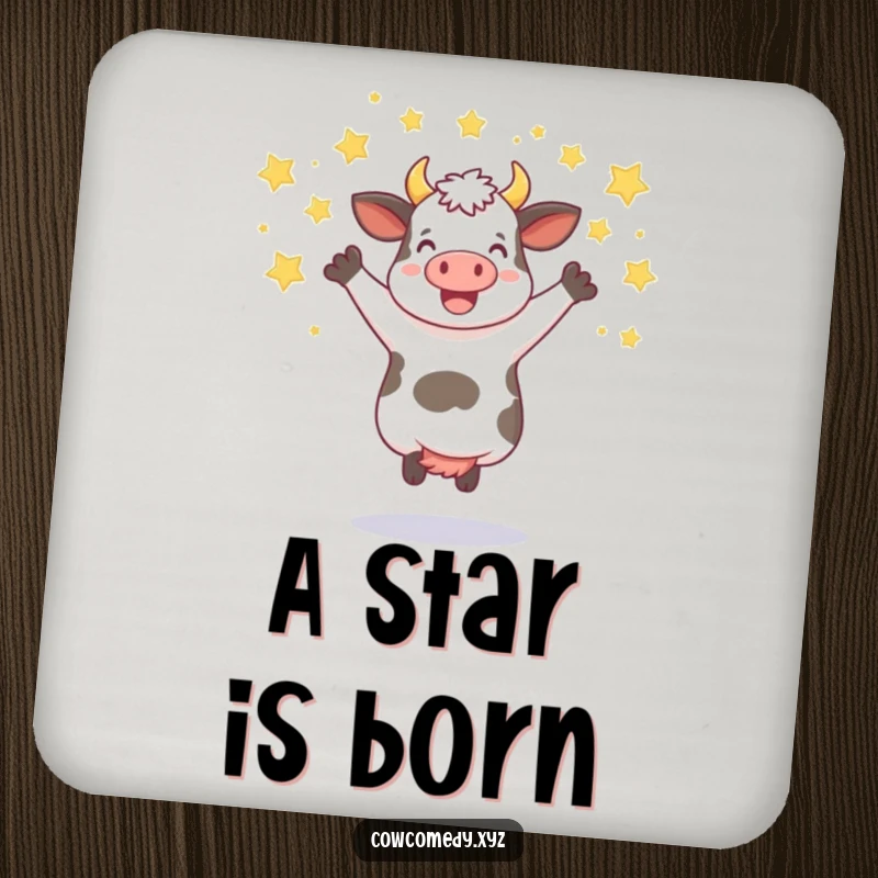 Funny drink coasters with a cow jumping joyfully and a shower of stars, adding festive flair.