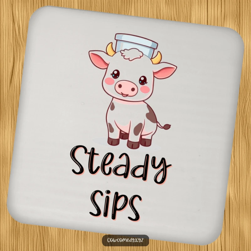 Funny drink coaster featuring a Kawaii cow demonstrating perfect balance while holding a milk pail on its head.