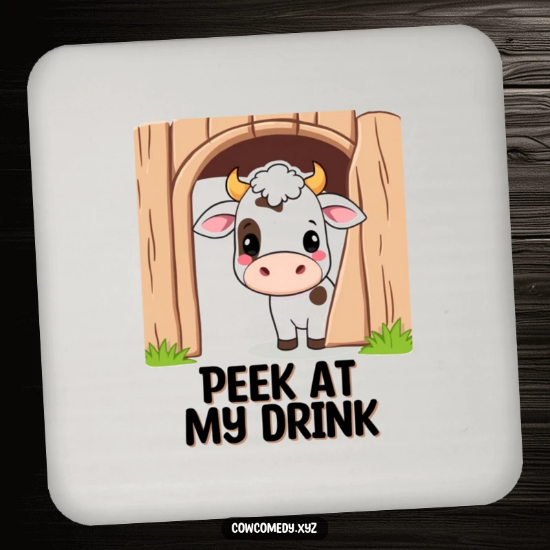 Funny Kawaii Cow Drink Coaster with a cute cartoon cow peeking playfully from behind a barn door, perfect for tables.