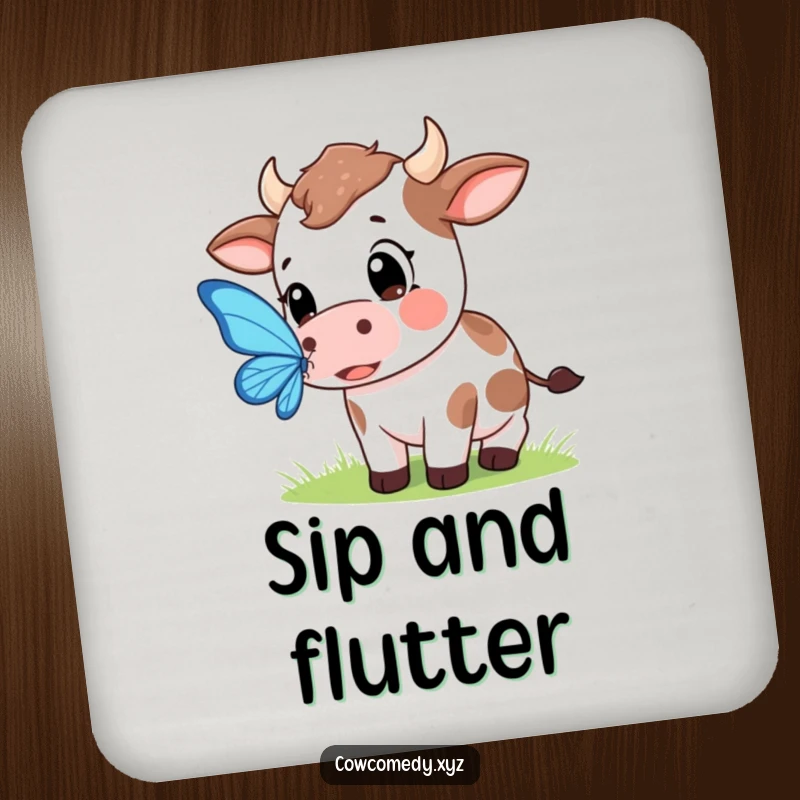 Funny drink coaster featuring a Kawaii cow with wide, curious eyes trying to catch a delicate butterfly.