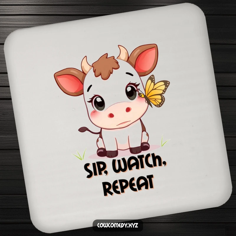 Funny Kawaii cow with wide eyes, trying to catch a butterfly, on a protective drink coaster.