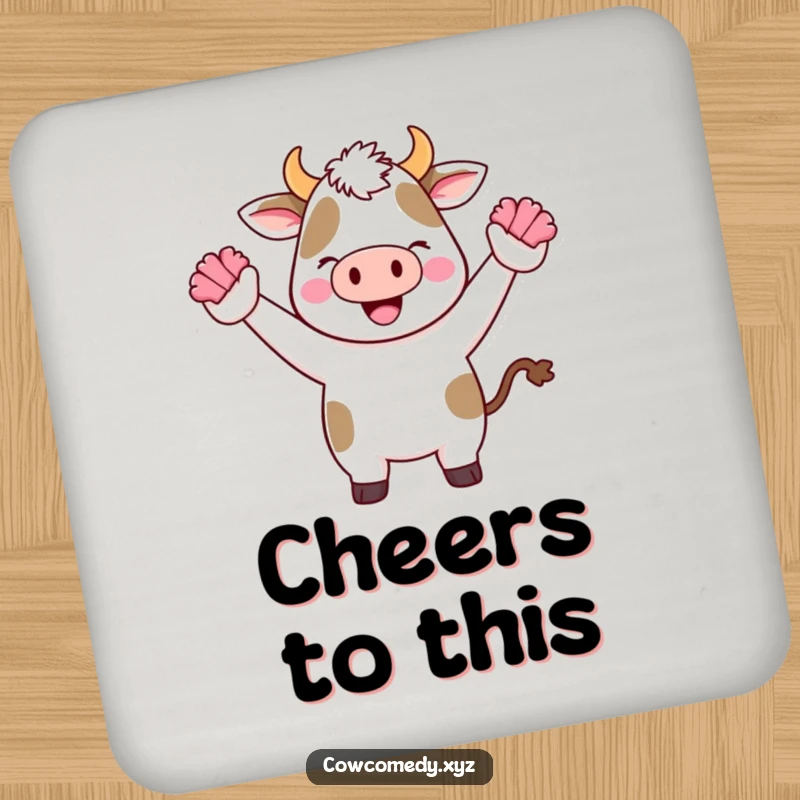 Funny Kawaii Cow Drink Coaster with a cute cartoon cow cheering with tiny pom-poms, perfect for tables.