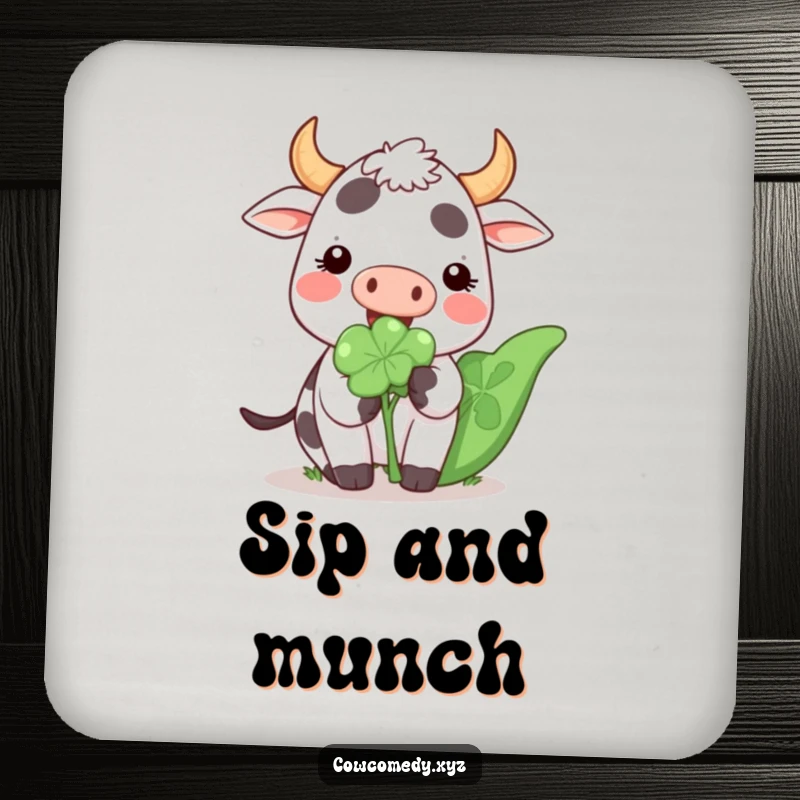 Funny Kawaii Cow Drink Coaster with a cute cartoon cow happily eating a giant clover, perfect for protecting tables.
