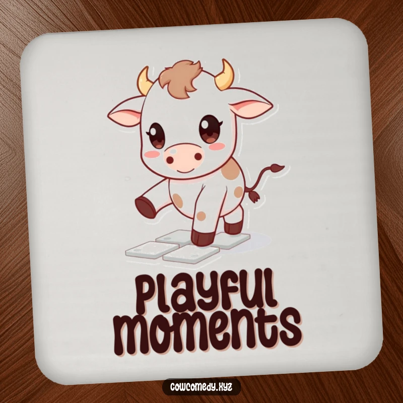 Funny Kawaii cow coaster depicting a cute character with big happy eyes playing hopscotch, a humorous and charming table accessory.