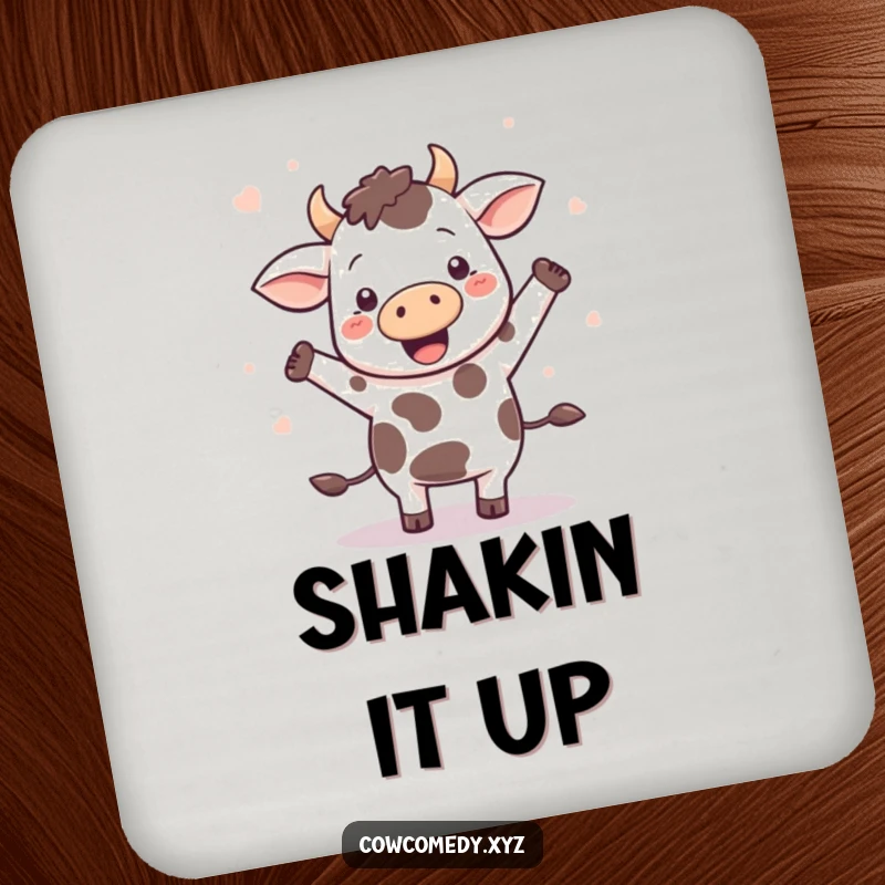 Funny Kawaii cow dancing, spots flying, on a protective drink coaster, add fun to tables.
