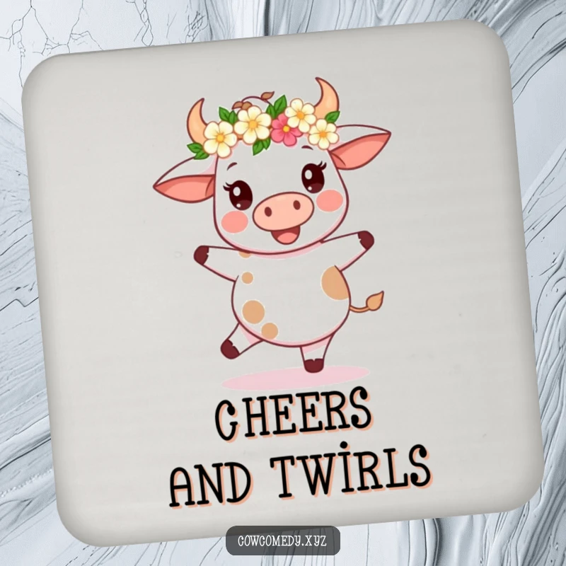 Funny Kawaii Cow Coaster: Decorative coaster with a cow in a flower crown spinning, adding festive humor.