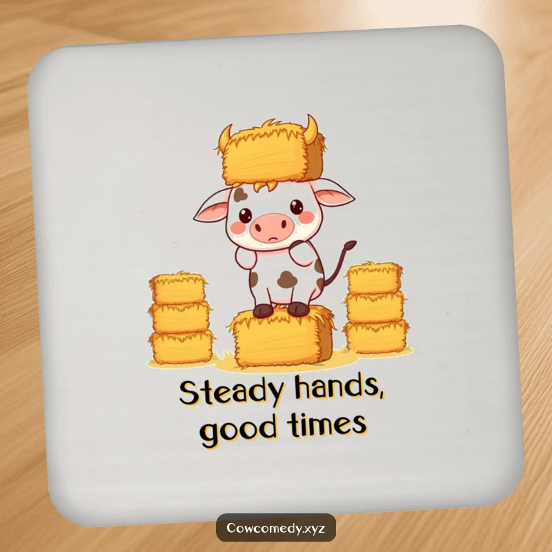 Funny Kawaii Cow Drink Coaster, a determined cow balancing hay bales, perfect for protecting tables with humor.