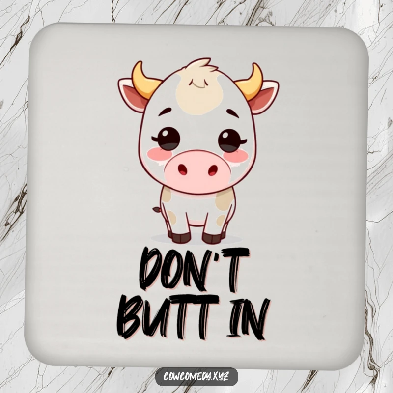 Funny kawaii cow drink coaster featuring a sweet bovine character performing a playful headbutt, adding a touch of humor to any surface.