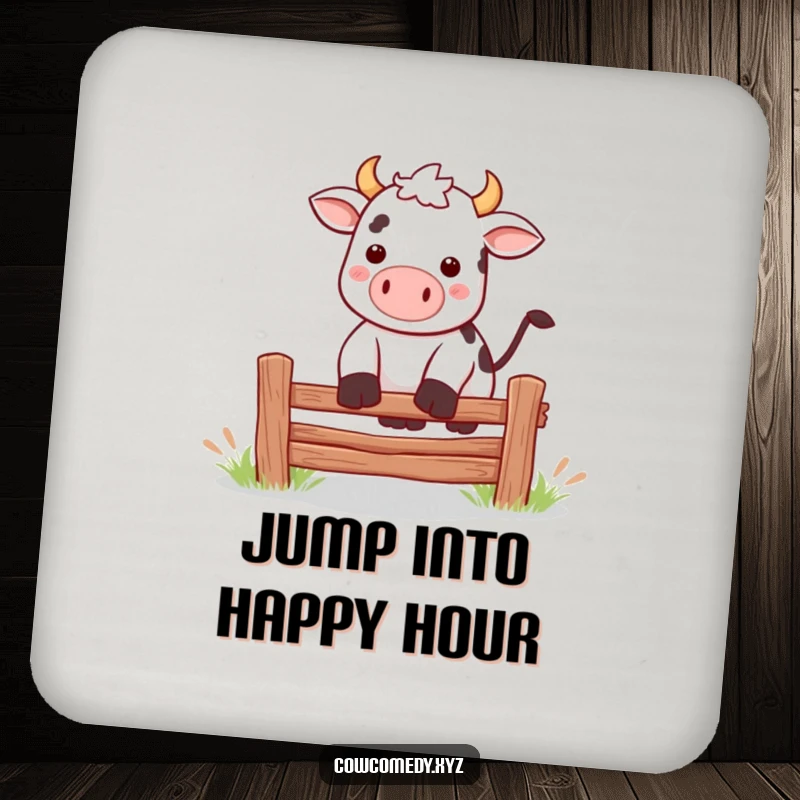 Funny Kawaii cow jumping over a fence drink coaster, adding energetic humor to any surface.