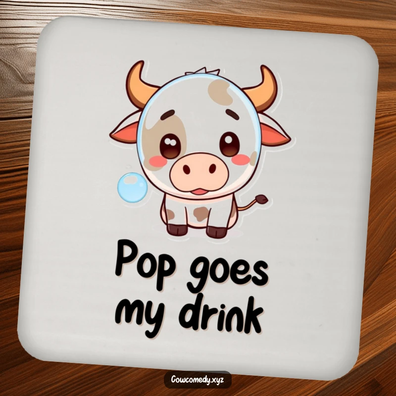 Funny Kawaii Cow Drink Coaster with a cute cartoon cow surprised by a floating bubble, perfect for protecting tables.
