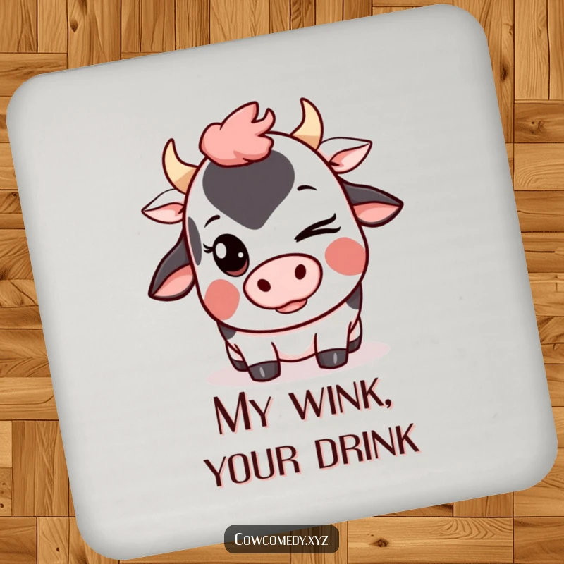 Funny Kawaii Cow Drink Coaster with a cute cartoon cow winking with a mischievous grin, perfect for tables.