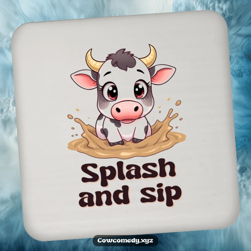 Funny drink coaster with a cow with large eyes, playfully splashing in mud.