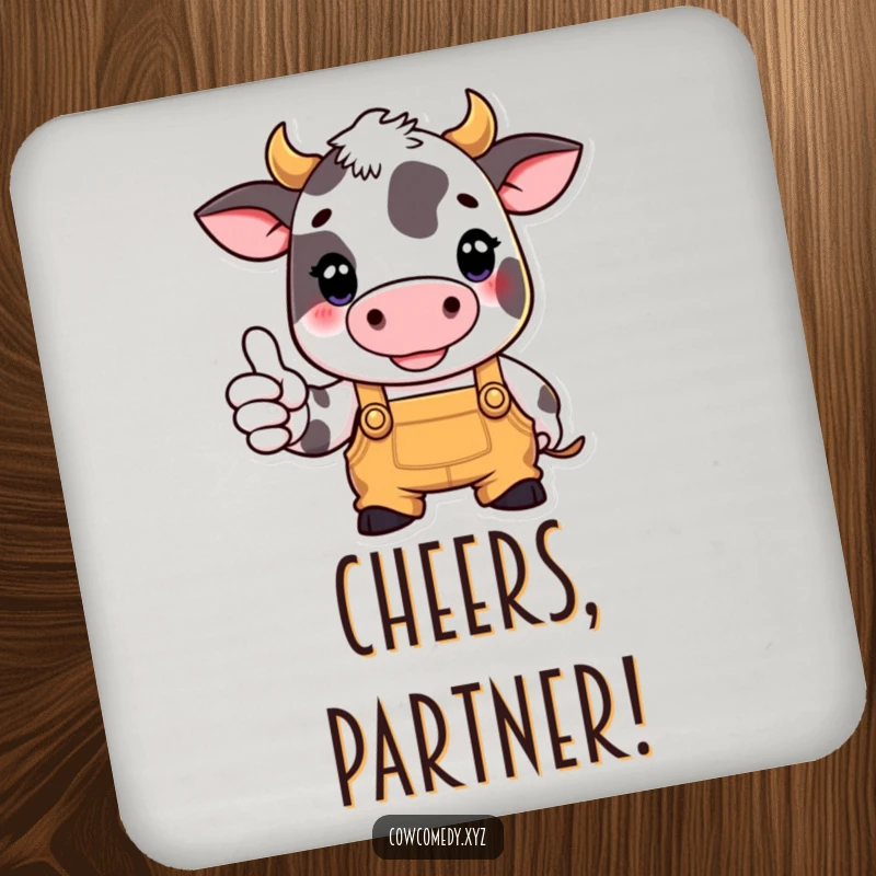 Funny drink coaster featuring a cow in overalls giving a thumbs up, adding a touch of farm-inspired positivity.