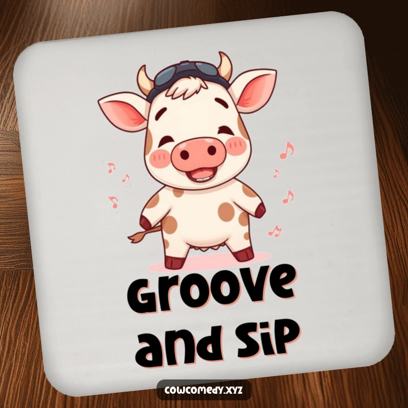 Funny drink coasters with a rosy-cheeked cow bopping to an unheard rhythm, adding musical flair.