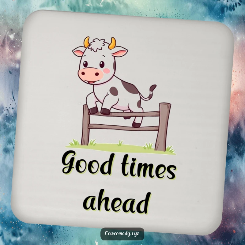 Funny Kawaii cow coaster depicting a cute character happily jumping over a miniature fence, a humorous and charming table accessory.