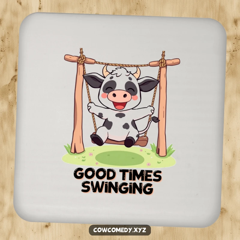 Funny Kawaii cow coaster depicting a cute character enthusiastically swinging on a rope swing, a humorous and charming table accessory.