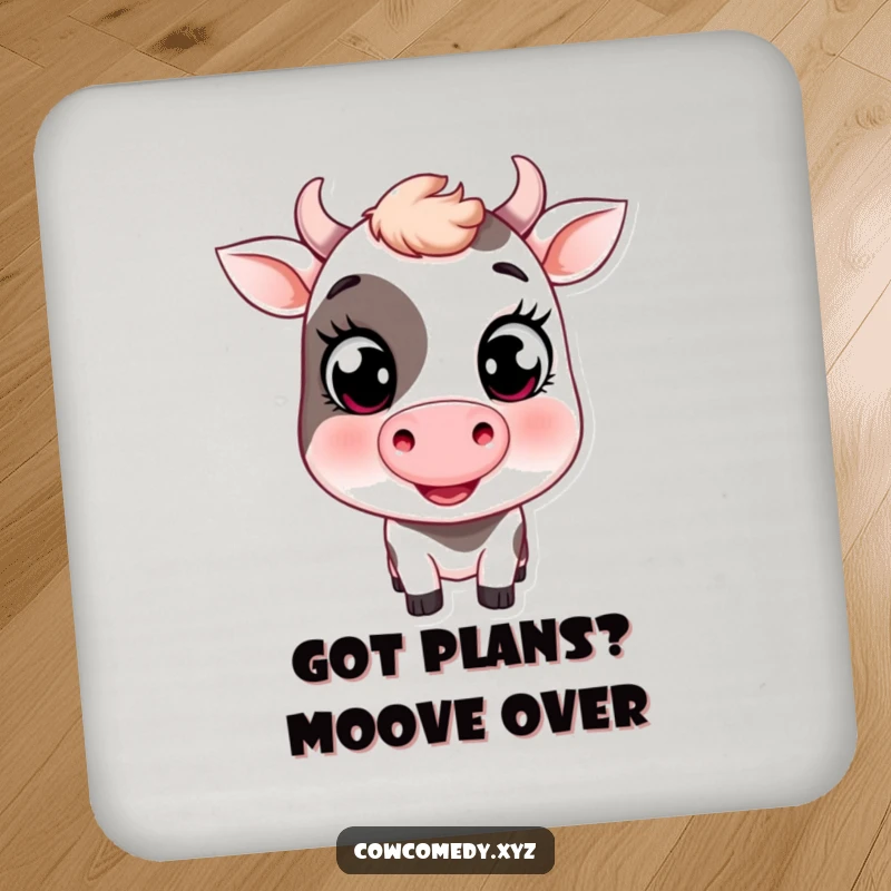 Funny drink coaster showcasing a smiling cow with large, expressive eyes and a friendly wink, for stylish tabletops.
