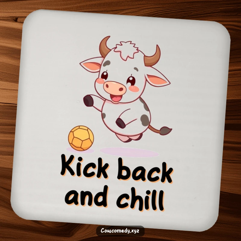 Funny drink coaster featuring a happy cow gleefully kicking a small ball, adding fun to tabletops.