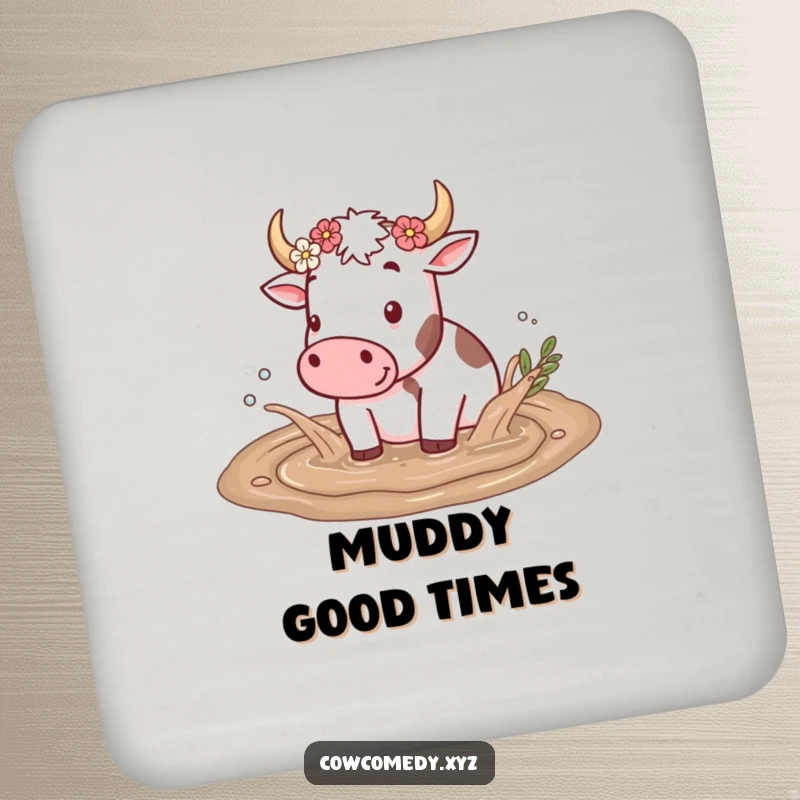 Funny drink coaster featuring a cow splashing in a mud puddle with flowers on its horns, adding rustic and charming flair.