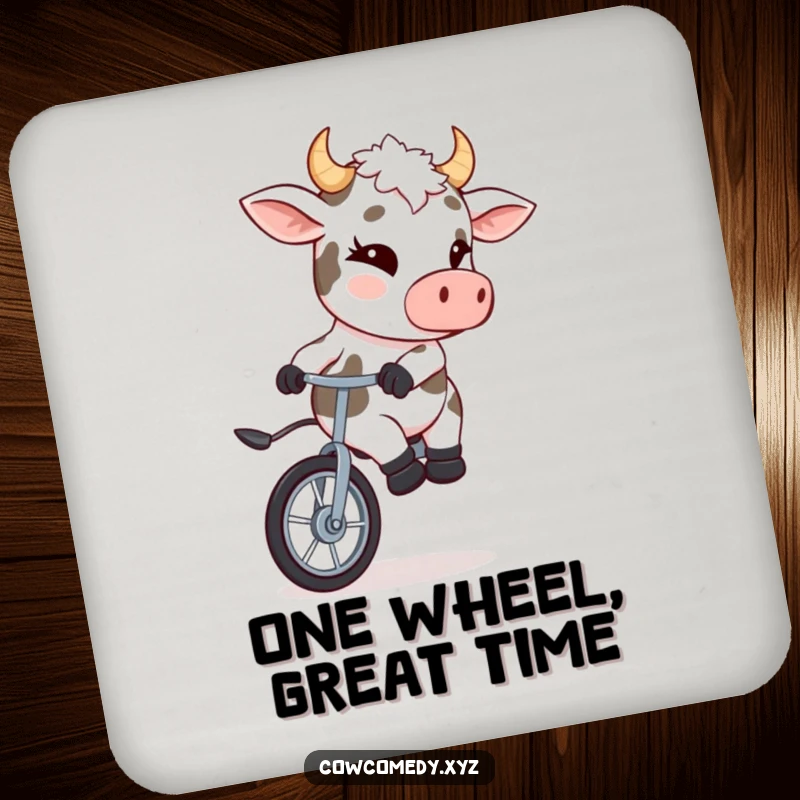 Funny drink coasters with a winking cow riding a unicycle, protecting tables with humor.