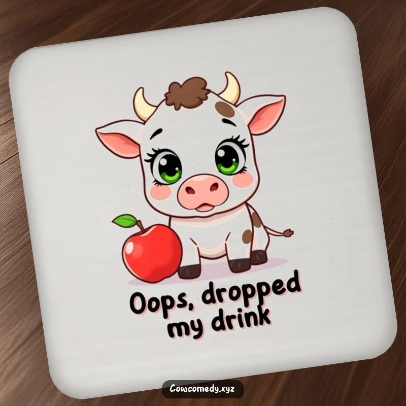 Funny Kawaii Cow Drink Coaster, a surprised cow with an apple, perfect for protecting tables with humor.