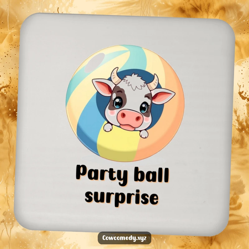 Funny Drink Coasters: A surprised cow peeking out from behind a giant striped beach ball, adding humorous beachy charm to surfaces.